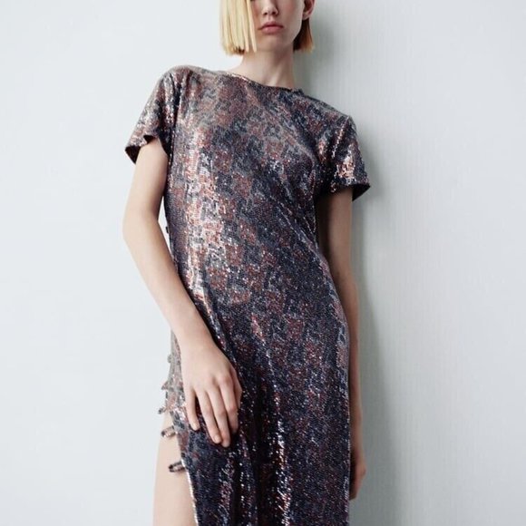 BNWT ZARA CUT OUT SEQUIN DRESS WITH SIDE SLIT GRAY - REF. 9230/031 - Picture 2 of 7